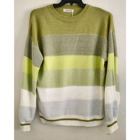 SWEATER-ANGASHION-Striped-Green-Silver-White-Metallic-Long Sleeves - Picture 1 of 15